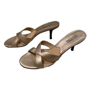 MICHAEL MICHAEL KORS Gold 1.5 Inch Criss Cross Slide Heeled Sandal Size 8